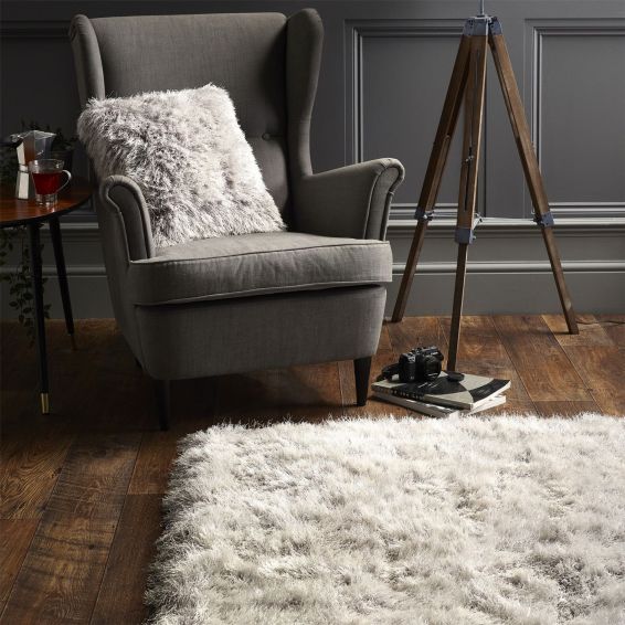 Extravagance Shaggy Modern Plain Rugs in Silver