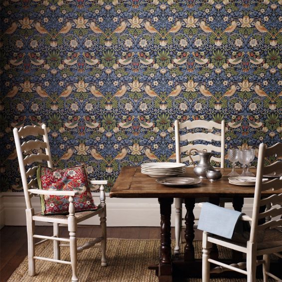 Strawberry Thief Wallpaper 212564 by Morris & Co in Indigo Mineral