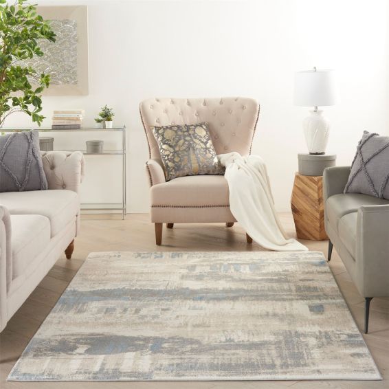 Solace SLA07 Distressed Abstract Rug in Ivory Grey Blue