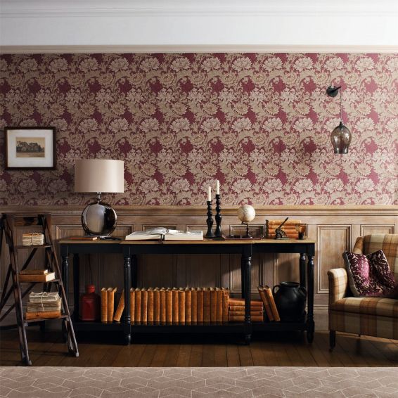 Chrysanthemum Wallpaper 212548 by Morris & Co in Wine Red
