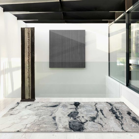 Aurora Quartz AU05 Marble Rugs in Metallic Silver Grey