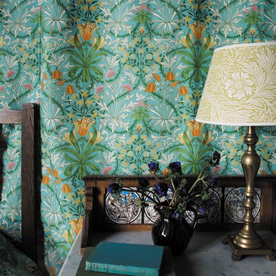 Woodland Weeds Wallpaper 217101 by Morris & Co in Orange Turquoise