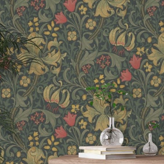 Golden Lily Wallpaper 210403 by Morris & Co in Charcoal Olive
