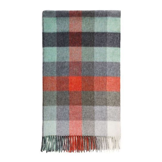 Preston Check Merino Lambs Wool Throw by LuxeTapi in Coral Mint Green