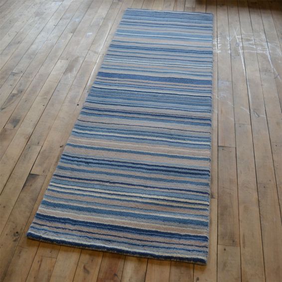 Fine Stripes Modern Wool Hallway Runner in Blue