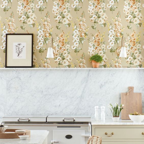 Hollyhocks Wallpaper 217034 by Sanderson in Gold Metallic Tan