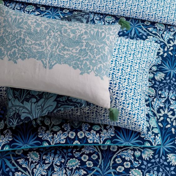 Strawberry Thief Bolster Cushion by Morris & Co in Teal Blue