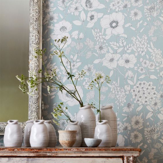 Maelee Wallpaper 216348 by Sanderson in Mineral Blue