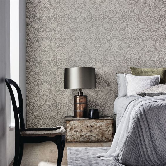 Pure Strawberry Thief Wallpaper 216017 by Morris & Co in Silver Stone