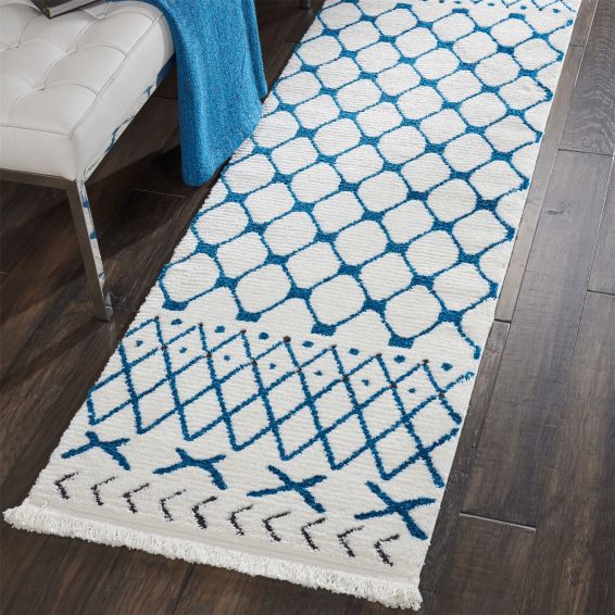 Kamala Hallway Runners DS500 by Nourison in White and Blue