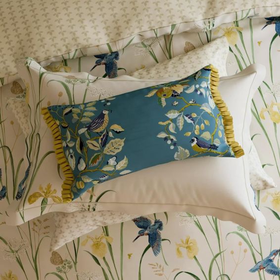 Kingfisher & Iris Cushion by Sanderson x National Trust in Azure Linen