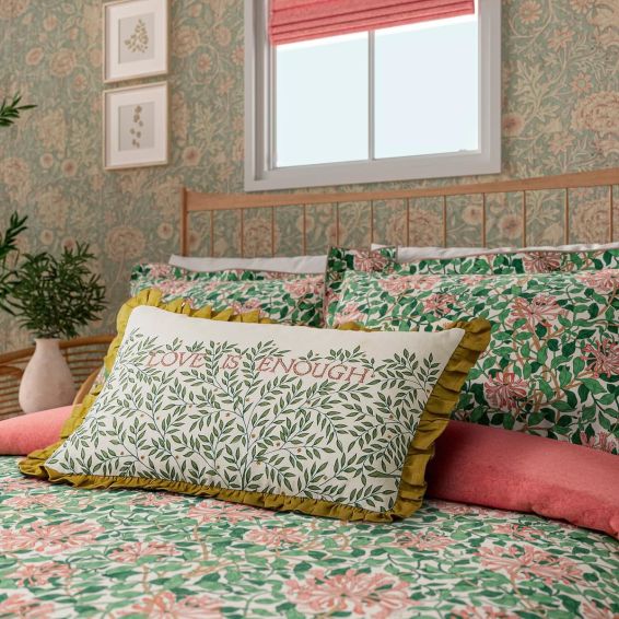 Love is Enough Cushion by Morris & Co in Evergreen Coral Pink