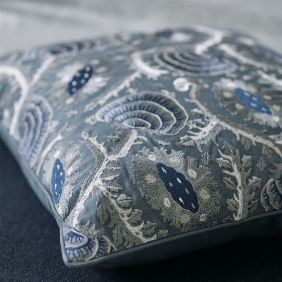 Suzani Embroidered Cushion by Zoffany in Como Blue
