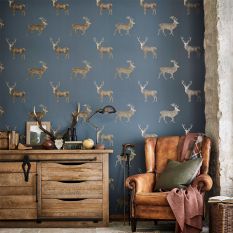 Evesham Deer Wallpaper 216620 by Sanderson in Indigo Blue