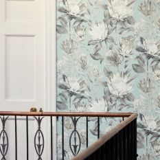 King Protea Wallpaper 216645 by Sanderson in Aqua Linen Beige