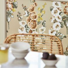 Hollyhocks Wallpaper 217034 by Sanderson in Gold Metallic Tan