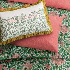 Love is Enough Cushion by Morris & Co in Evergreen Coral Pink