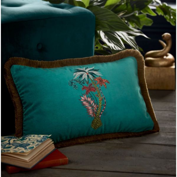 Jungle Palms Fringed Hem Cushion by Emma J Shipley in Teal Green