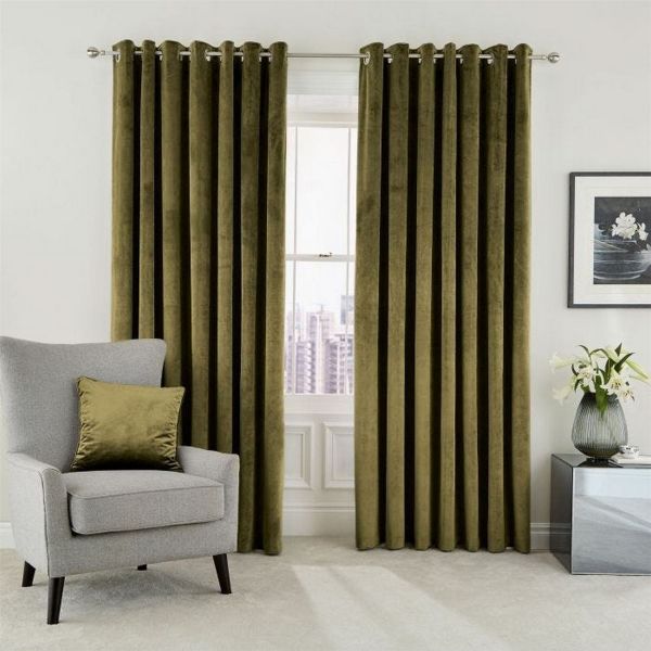 Escala Lined Eyelet Curtains in Olive Green by Helena Springfield