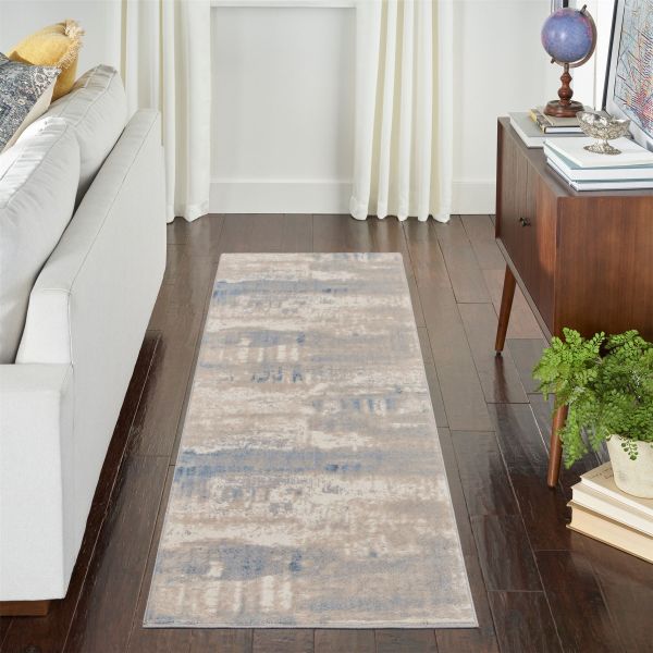 Solace SLA07 Distressed Abstract  Runner Rug in Ivory Grey Blue