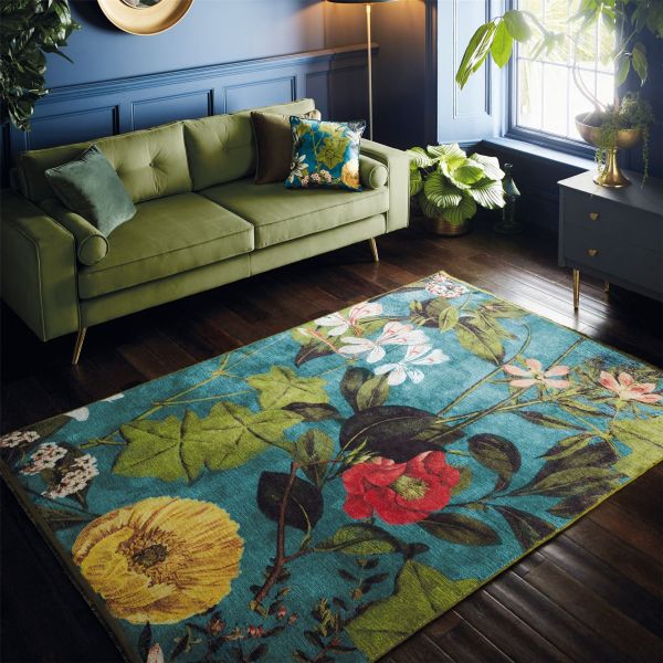 Passiflora Tropical Floral Rug by Clarke & Clarke in Kingfisher Blue
