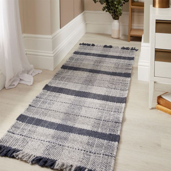 Highland Check Tartan Recycled Runner Rugs in Navy Blue