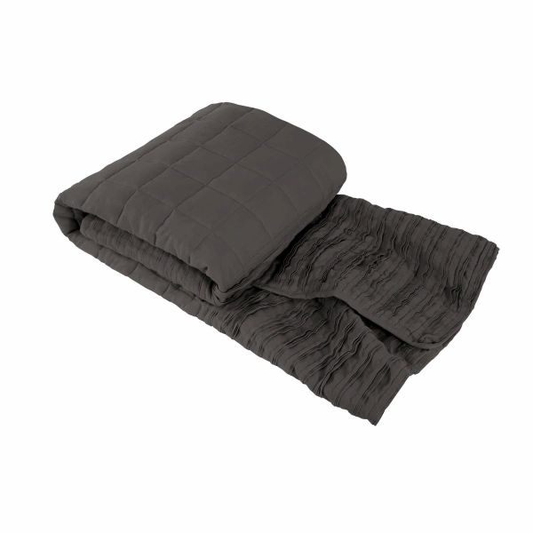 Lazy Linen Plain Quilted Ruffle Throw in Charcoal Grey