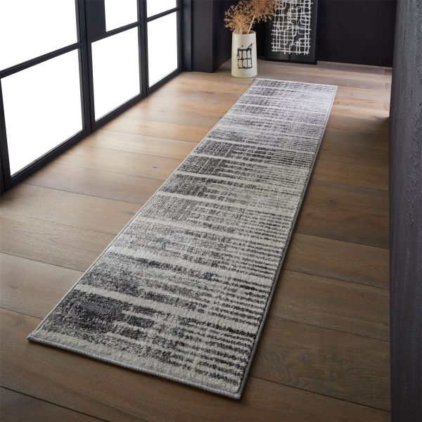Sanford 8116E Striped Abstract Runner Rug In Grey Ivory
