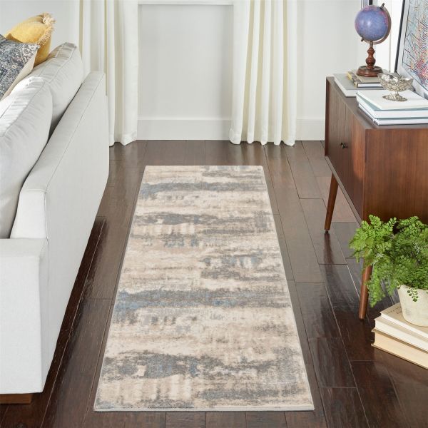 Solace SLA08 Distressed Abstract  Runner Rug in Ivory Grey Blue