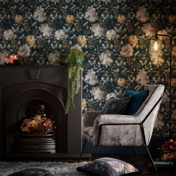Camile Wallpaper W0148 02 by Clarke and Clarke in Midnight Gold