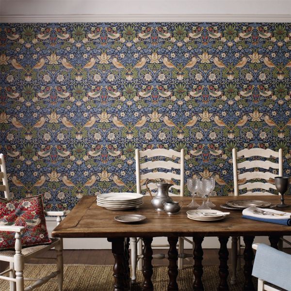 Strawberry Thief Wallpaper 212564 by Morris & Co in Indigo Mineral