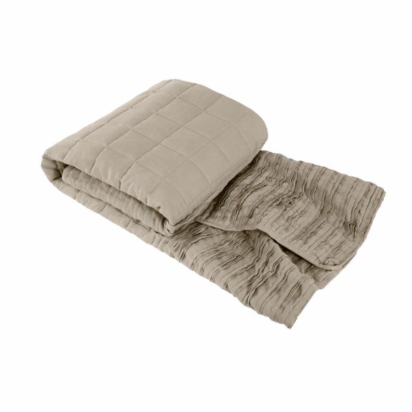 Lazy Linen Plain Quilted Ruffle Throw in Linen Beige