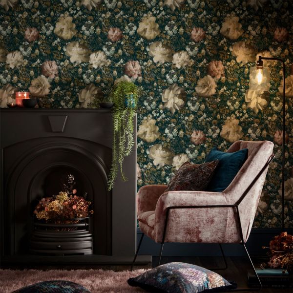 Camile Wallpaper W0148 03 by Clarke and Clarke in Teal Spice