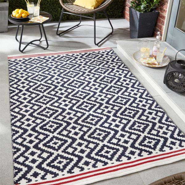 Aztec Geometric Outdoor Rugs in Navy Blue Red