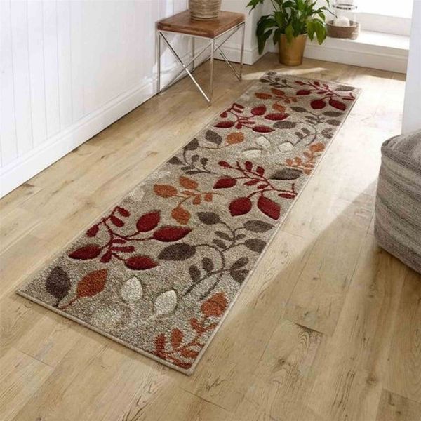 Portland 1096 M Carved Leaf Runner Rugs in Beige Red and Terracotta