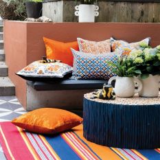 Santa Fe Stripe Outdoor Rugs in Orange Blue by William Yeoward