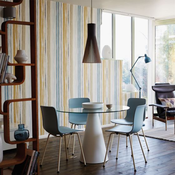 Zing Striped Wallpaper 110826 by Scion in Denim Ochre Slate