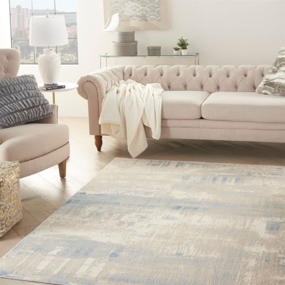 Solace SLA07 Distressed Abstract Rug in Ivory Grey Blue