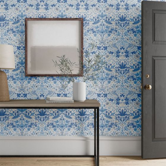 Simply Strawberry Thief wallpaper 217058 by Morris & Co in Woad Blue