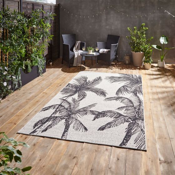 Miami A444 Indoor Outdoor Palm Leaf Rug in Cream Black