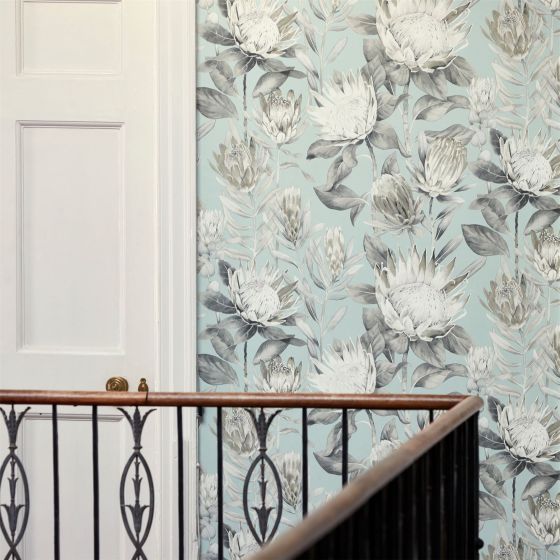 King Protea Wallpaper 216645 by Sanderson in Aqua Linen Beige