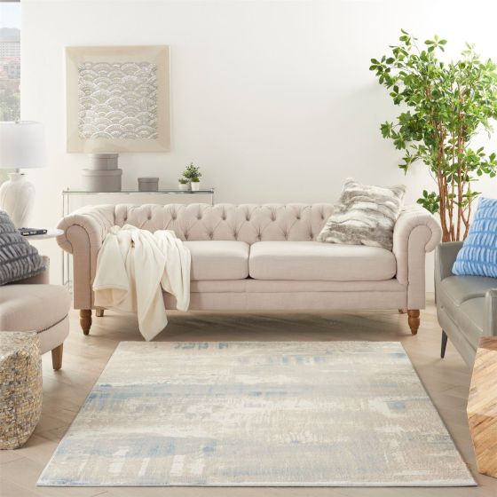 Solace SLA08 Distressed Abstract Rug in Ivory Grey Blue