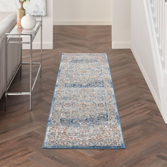 Quarry QUA11 Traditional Distressed Runner Rugs in Ivory Blue by Nourison