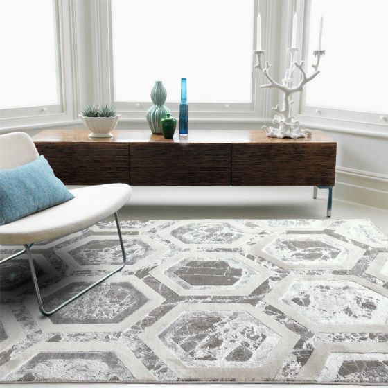 Aurora Crystal AU12 Geometric Rugs in Silver Beige