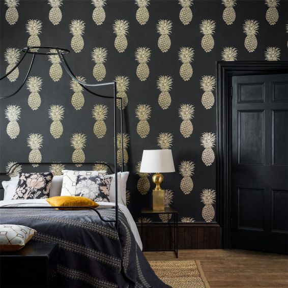 Pineapple Royale Wallpaper 216326 by Sanderson in Graphite Gold