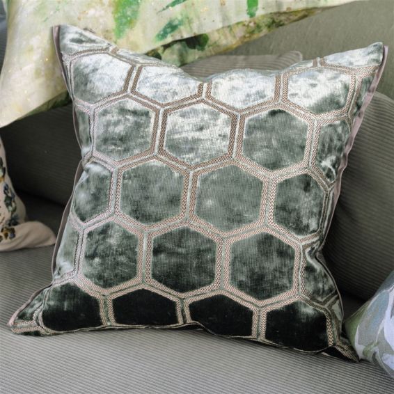 Manipur Hexagonal Velvet Cushion By Designers Guild in Jade Green