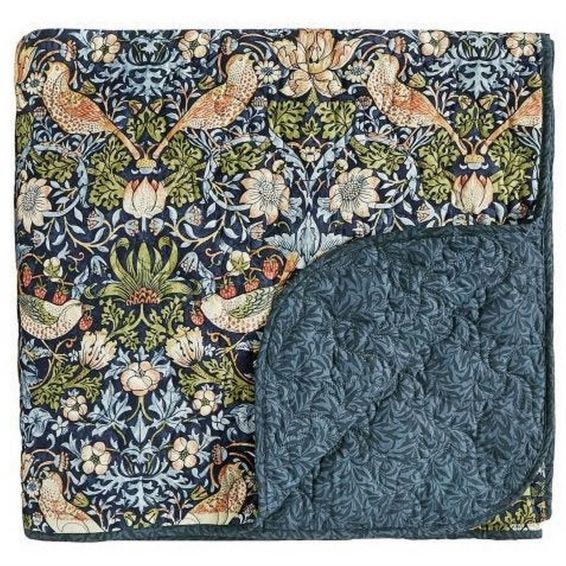 Strawberry Thief Bedspread Quilted Throw in Indigo Blue By Morris & Co