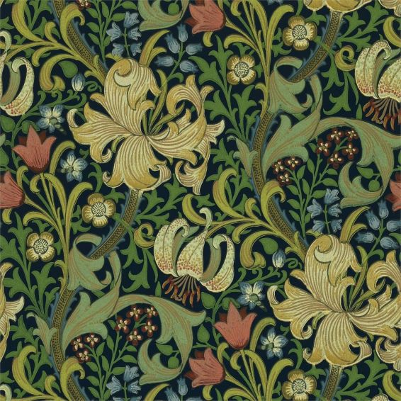 Golden Lily Wallpaper 216816 by Morris & Co in Indigo Blue