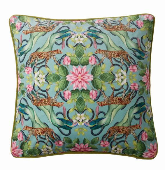 Menagerie Botanical Velvet Cushion By Wedgwood in Aqua Blue