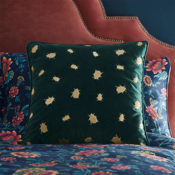 Firefly Embroidered Velvet Cushion By Wedgwood in Emerald Green